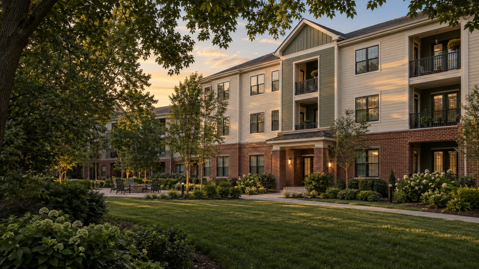 Architectural concept of cream-sided apartments with brick details and a landscaped courtyard